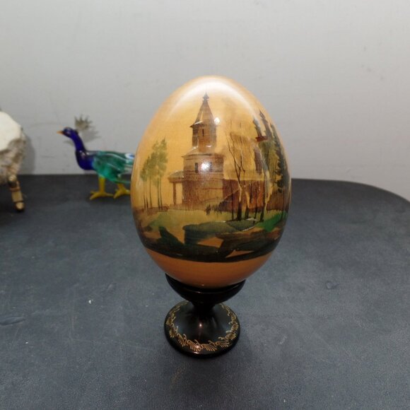 Vintage Russian Hand Painted Wooden Egg w/ Stand - Picture 1 of 13